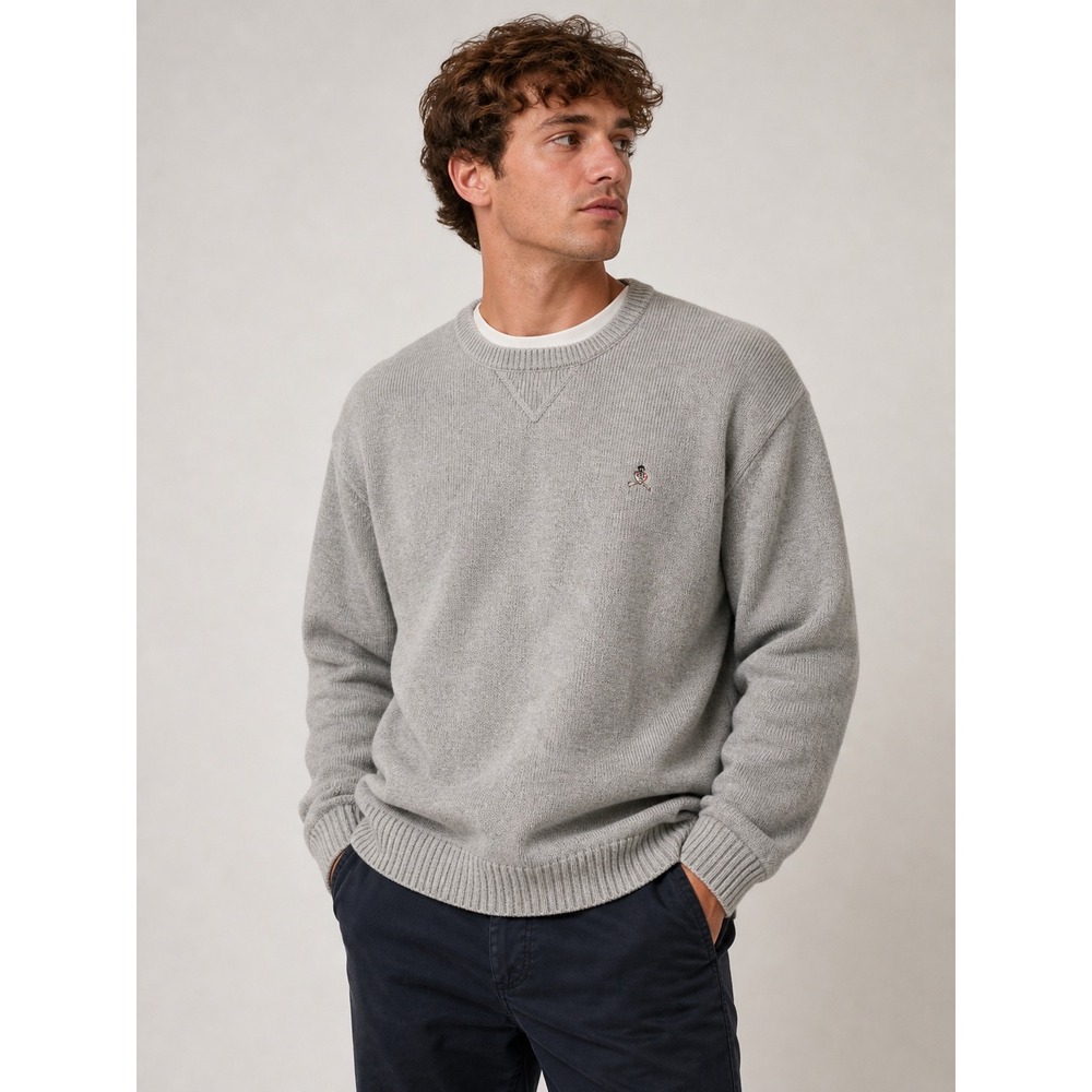Tommy Hilfiger Mens Grey Cotton Knit Crewneck Sweater Crest Logo Large
